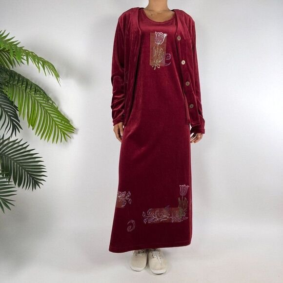 Vintage 90s Red Floral Velour Cottagecore 2-Piece Maxi Dress Cardigan Set / L - Picture 5 of 9